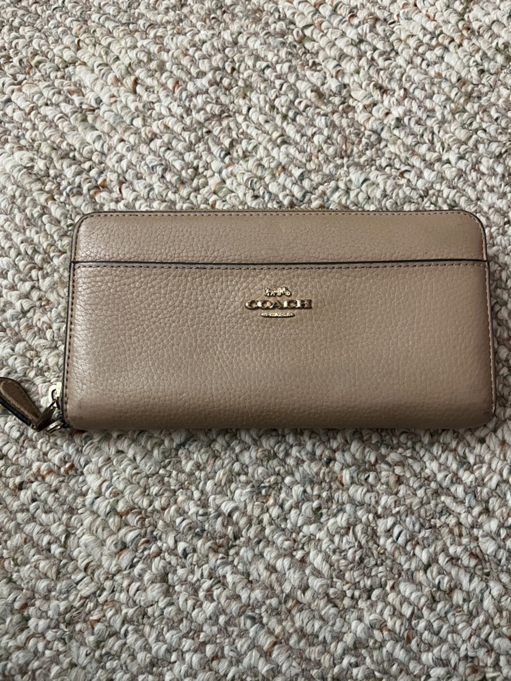 Coach Pebbled Leather Zip Wallet in Taupe with Gold Hardware